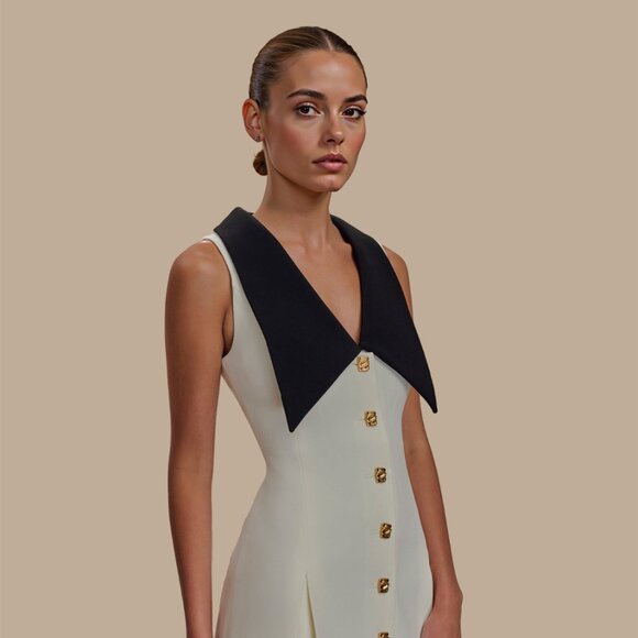 Button Front Sleeveless Mini Dress | Sheath Formal Mini Dress w/ Collar Neck - Picture 4 of 9